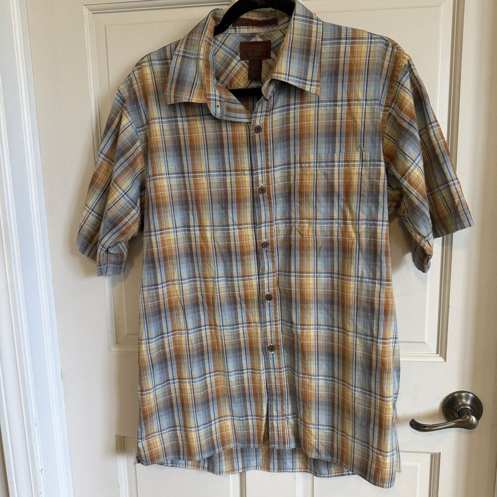Born Mens L Børn Blue Yellow Gold Plaid Short Sleeve Button Up Shirt 100% Cotton